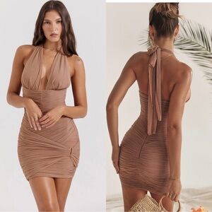 NWOT House Of CB Letitia HAZELNUT Halter Mini Dress sz XS